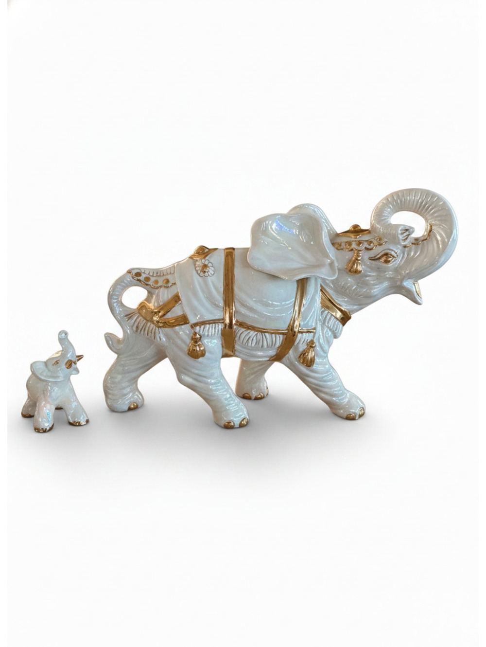 Decorative Porcelain Elephant Figurines with Gold Accents - Set of 2